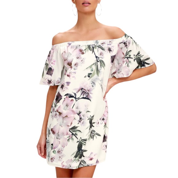 Lulu’s Dream of You Ivory Floral Print Off-the-Shoulder Shift Dress size S NWT - Picture 2 of 12